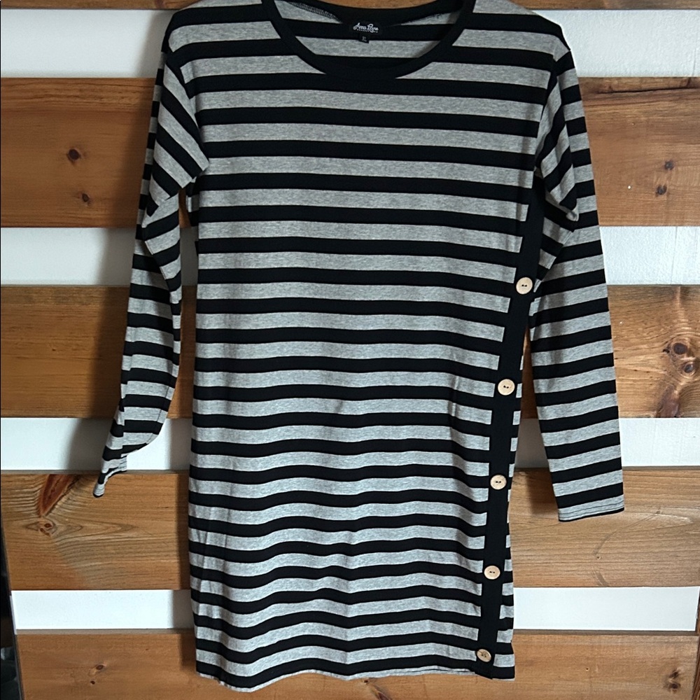 Anna Lane Black Striped Long Sleeve Midi Dress Wooden Accent Buttons Size XL